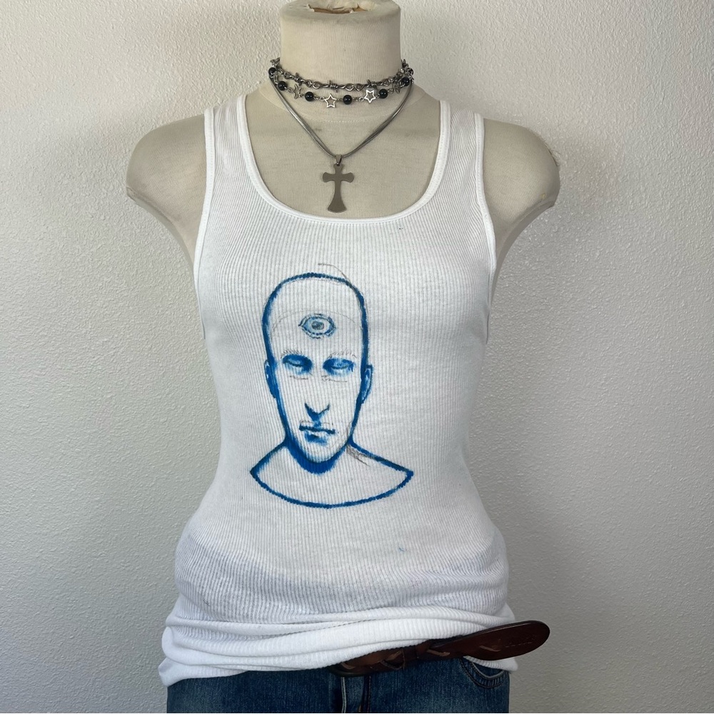 White Ribbed Tank Top with Blue Third-Eye Face Graphic